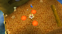 Mario about to launch himself upwards using a Sling Star to grab a blue Star Chip in Gold Leaf Galaxy.