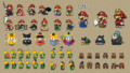 Early designs of costumes for Mario, Olivia, Koopa Troopas, and Goombas, related to Japanese culture. Costumed Buzzy Beetles, Ninjis, and Spikes are shown, but do not appear in the final game.