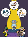 Crygor explaining to Wario about the Super MakerMatic's functions