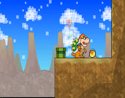 Bowser near a Whacka Bump after hitting the Whacka in Downtown of Crag of Super Paper Mario.