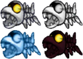 Graphics of a Fish Bone being damaged. As they act as mere obstacles in the final game, they cannot be fought in battle but can be attacked with the hammer.