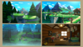 Various scenes of Whispering Woods and the Toad's BBQ Foodeatery, with a map near the caretaker's cabin. Note that he is fully clothed.
