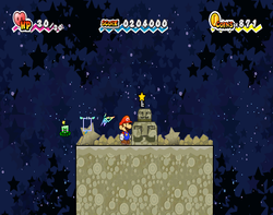 Mario near the Door Key after using Fleep on the rift containing it in Planet Blobule of Super Paper Mario.