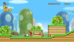 A screenshot of Propeller Mario and Yoshi in World 1-3.