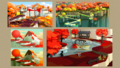 Various painted depictions of scenes in Autumn Mountain and Chestnut Valley. The suspension bridge is red here.