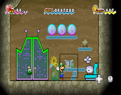 Luigi using Fleep to uncover the Hooligon Caught Card in Planet Blobule of Super Paper Mario.