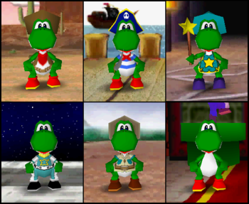 Yoshi's outfits in the game Mario Party 2.